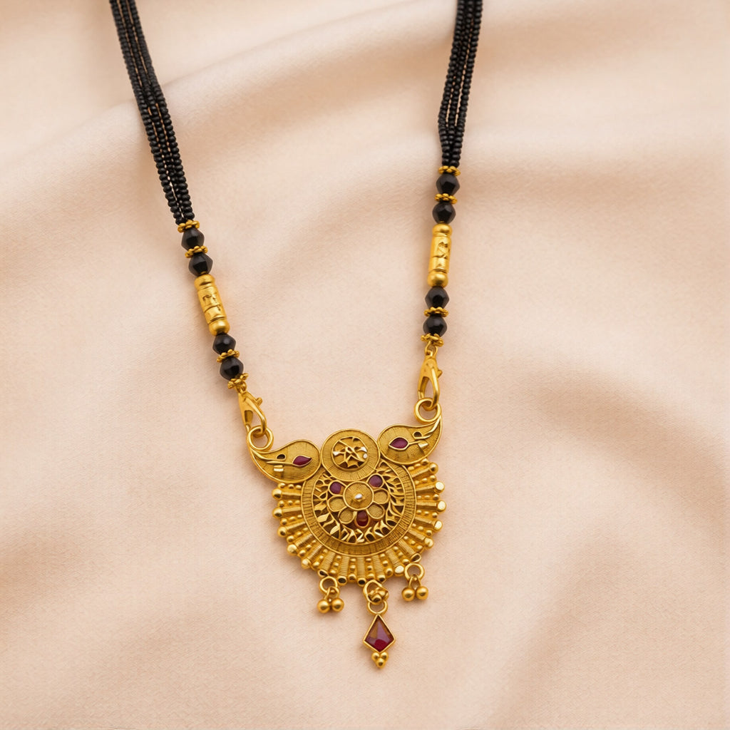 Traditional Gold-Plated Designer Mangalsutra with Black Beads & Red Stone Accents