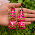 Vibrant Pink Meenakari & Floral Enamel Long Jhumka Earrings with Gold-Plated Finish