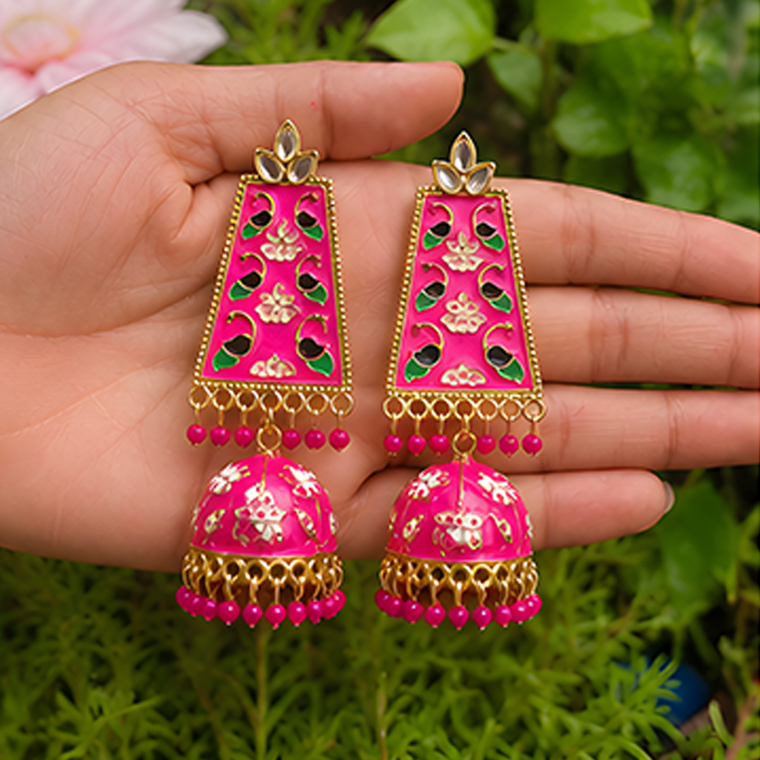 Vibrant Pink Meenakari & Floral Enamel Long Jhumka Earrings with Gold-Plated Finish