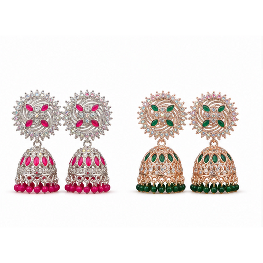 Combo of 2: Vibrant Pink & Royal Green Stone Studded Designer Sunburst Jhumka Earrings