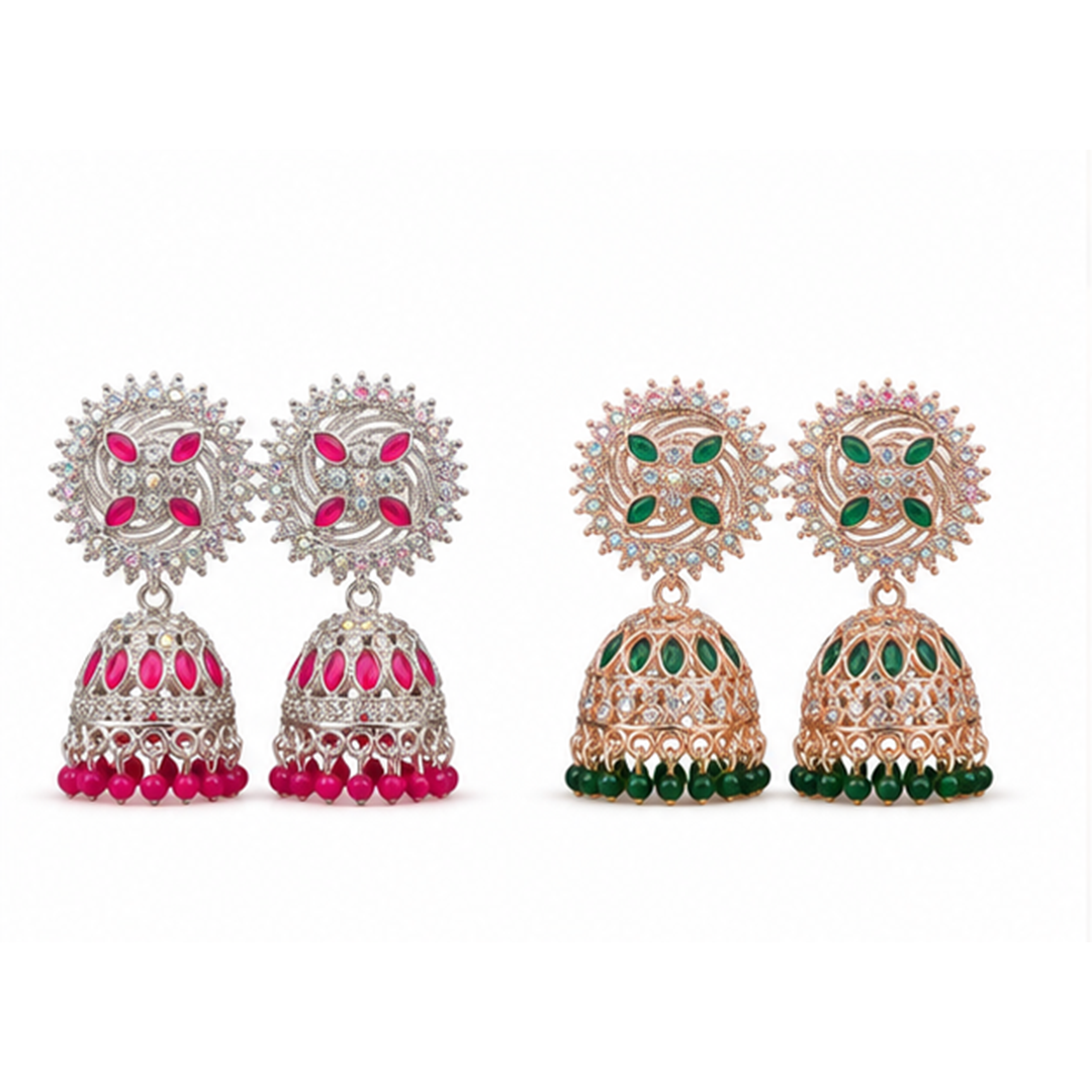 Combo of 2: Vibrant Pink & Royal Green Stone Studded Designer Sunburst Jhumka Earrings