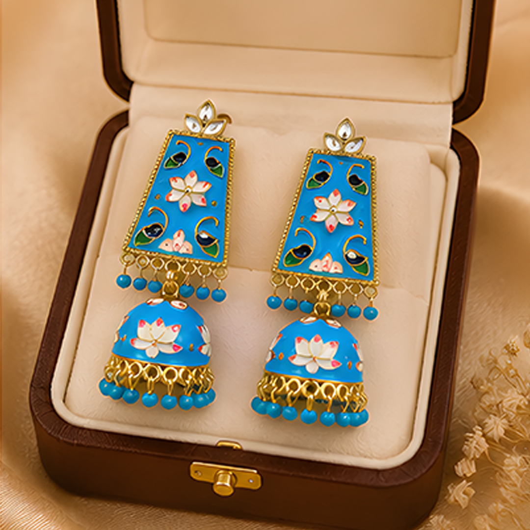 Vibrant Turquoise Blue Meenakari & Floral Enamel Long Jhumka Earrings with Gold-Plated Finish