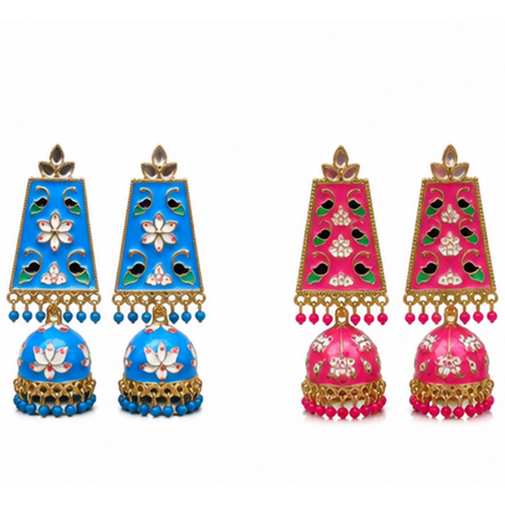 Combo of 2: Vibrant Turquoise Blue & Hot Pink Meenakari Enamel Long Jhumka Earrings