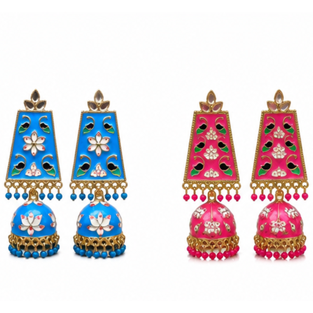 Combo of 2: Vibrant Turquoise Blue & Hot Pink Meenakari Enamel Long Jhumka Earrings