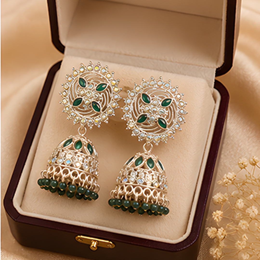 Royal Gold-Plated Green Stone Studded Sunburst Jhumka Earrings with Bead Drops