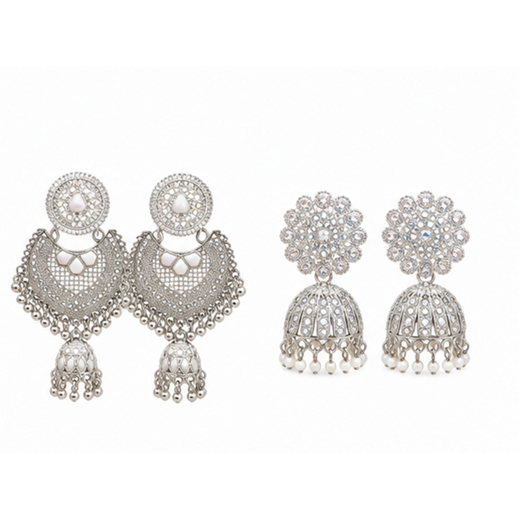 Combo of 2: Silver-Plated Filigree Chandbali Jhumka & Radiant Crystal-Studded Jhumka Earrings