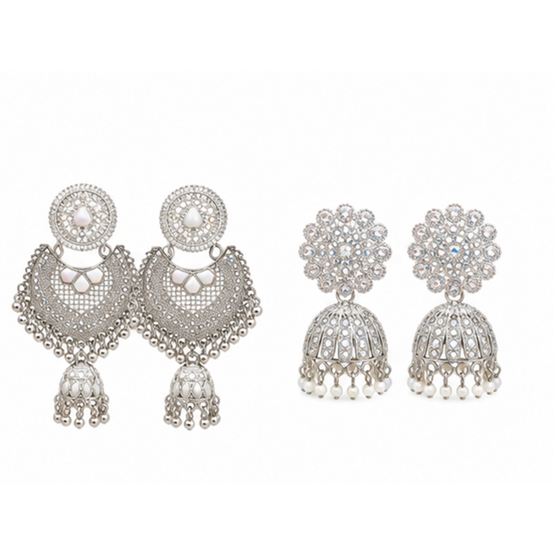 Combo of 2: Silver-Plated Filigree Chandbali Jhumka & Radiant Crystal-Studded Jhumka Earrings