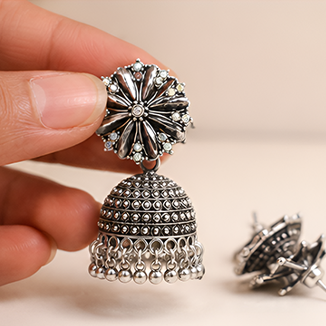Oxidized Silver-Plated Floral Studded Traditional Jhumka Earrings