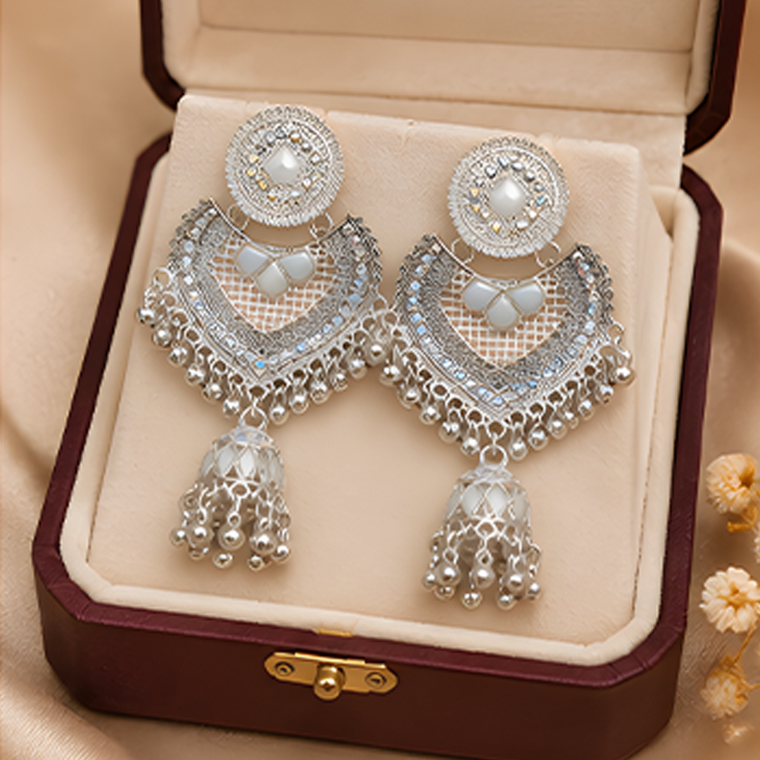Royal Silver-Plated Meenakari & Stone Studded Chandbali Jhumka Earrings