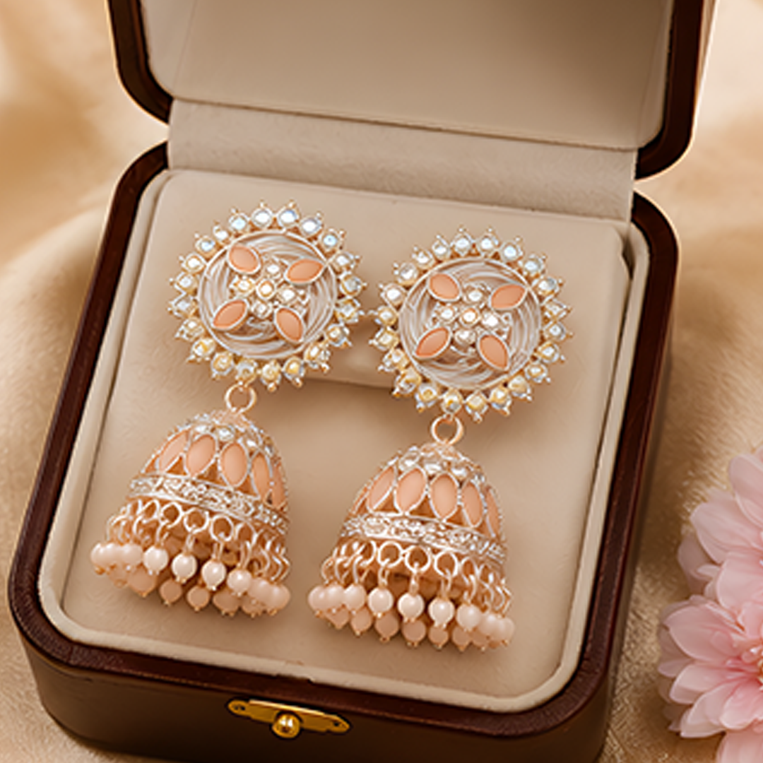 Elegant Pastel Peach Stone Studded Sunburst Jhumka Earrings with Matching Bead Drops