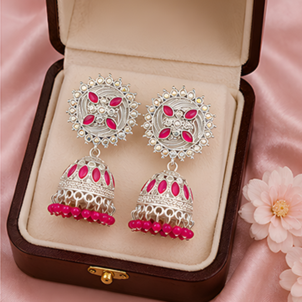 Oxidized Silver-Plated Pink Stone Studded Sunburst Jhumka Earrings with Bead Drops