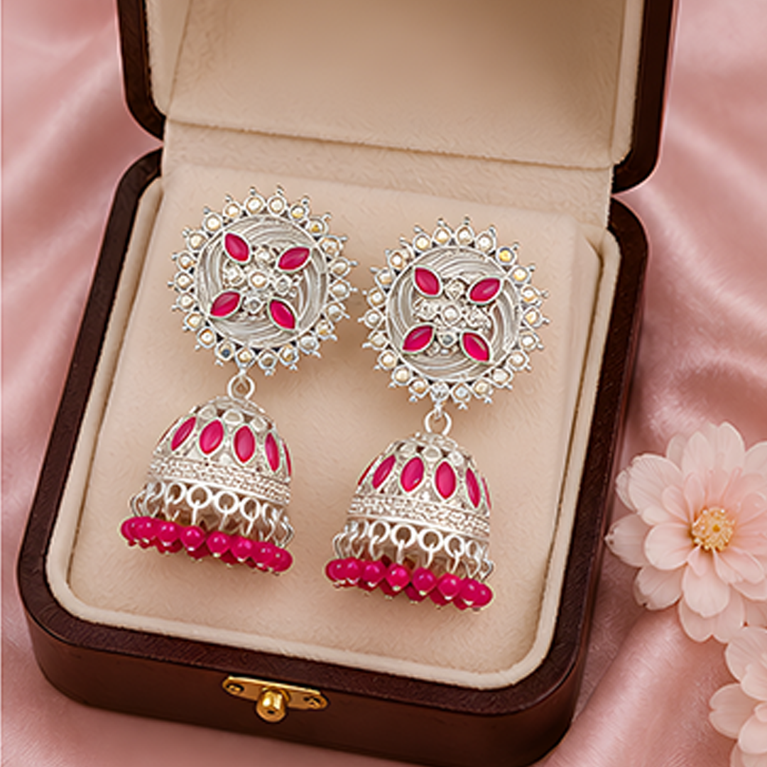Oxidized Silver-Plated Pink Stone Studded Sunburst Jhumka Earrings with Bead Drops