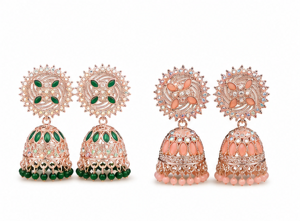 Combo of 2: Pastel Peach & Royal Green Stone Studded Designer Sunburst Jhumka Earrings