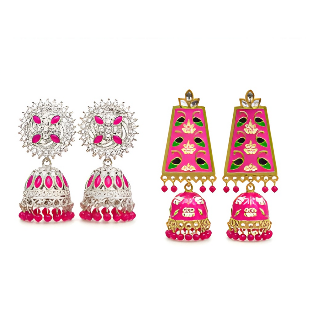 Combo of 2: Vibrant Pink Meenakari & Silver-Plated Pink Stone Studded Designer Jhumka Earrings
