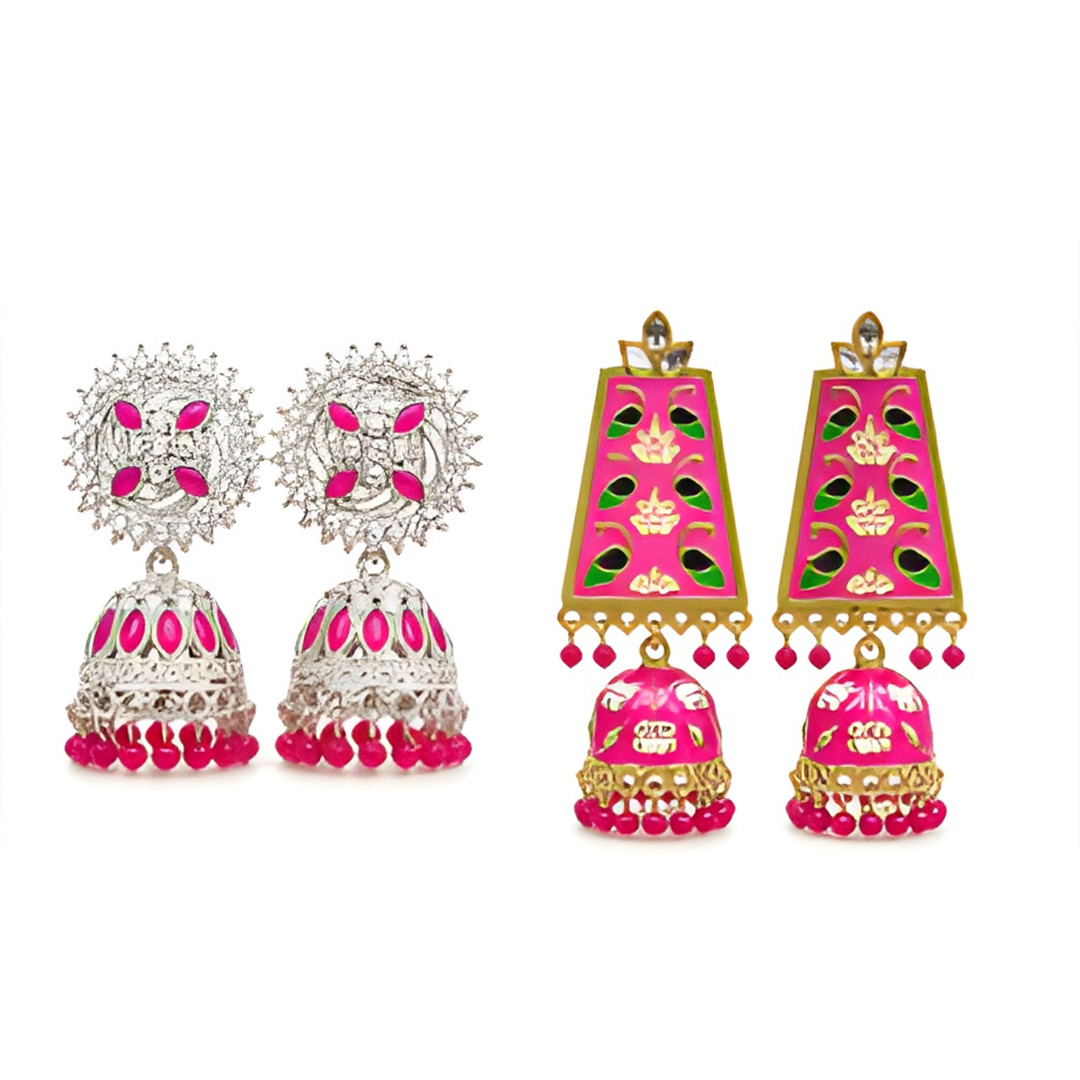 Combo of 2: Vibrant Pink Meenakari & Silver-Plated Pink Stone Studded Designer Jhumka Earrings