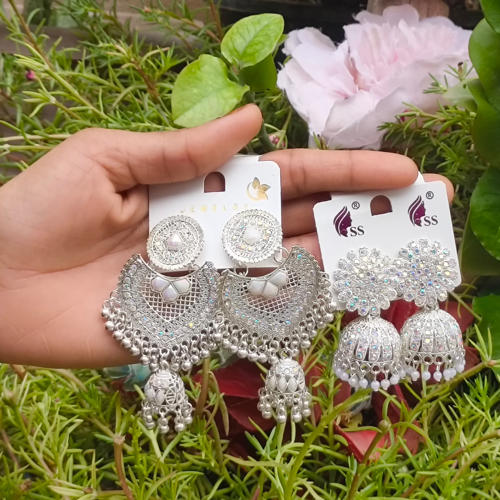 Combo of 2: Silver-Plated Filigree Chandbali Jhumka & Radiant Crystal-Studded Jhumka Earrings