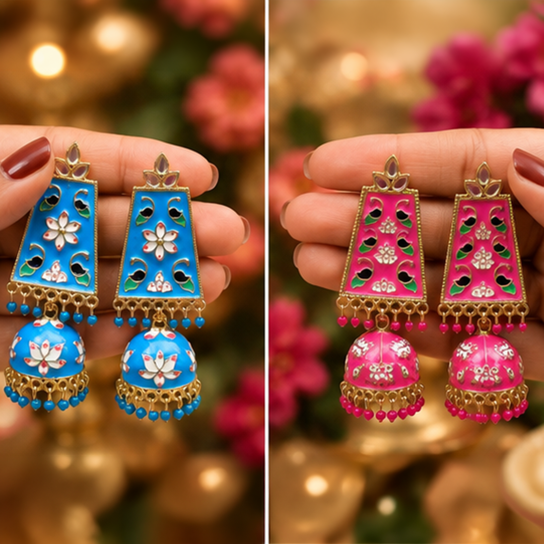 Combo of 2: Vibrant Turquoise Blue & Hot Pink Meenakari Enamel Long Jhumka Earrings