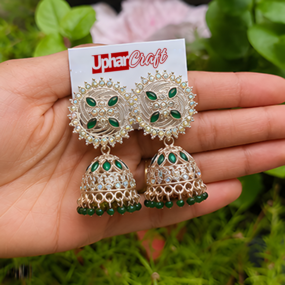 Royal Gold-Plated Green Stone Studded Sunburst Jhumka Earrings with Bead Drops