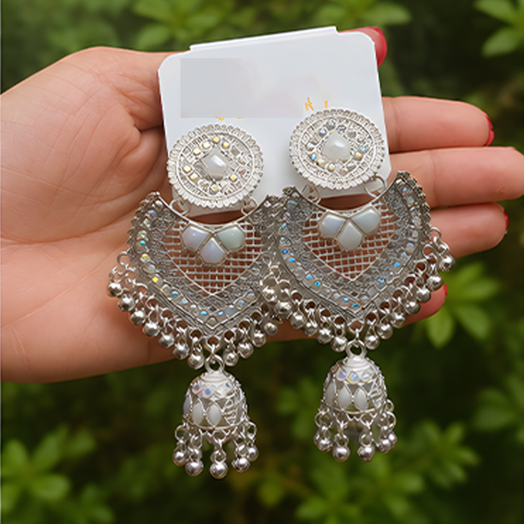 Royal Silver-Plated Meenakari & Stone Studded Chandbali Jhumka Earrings