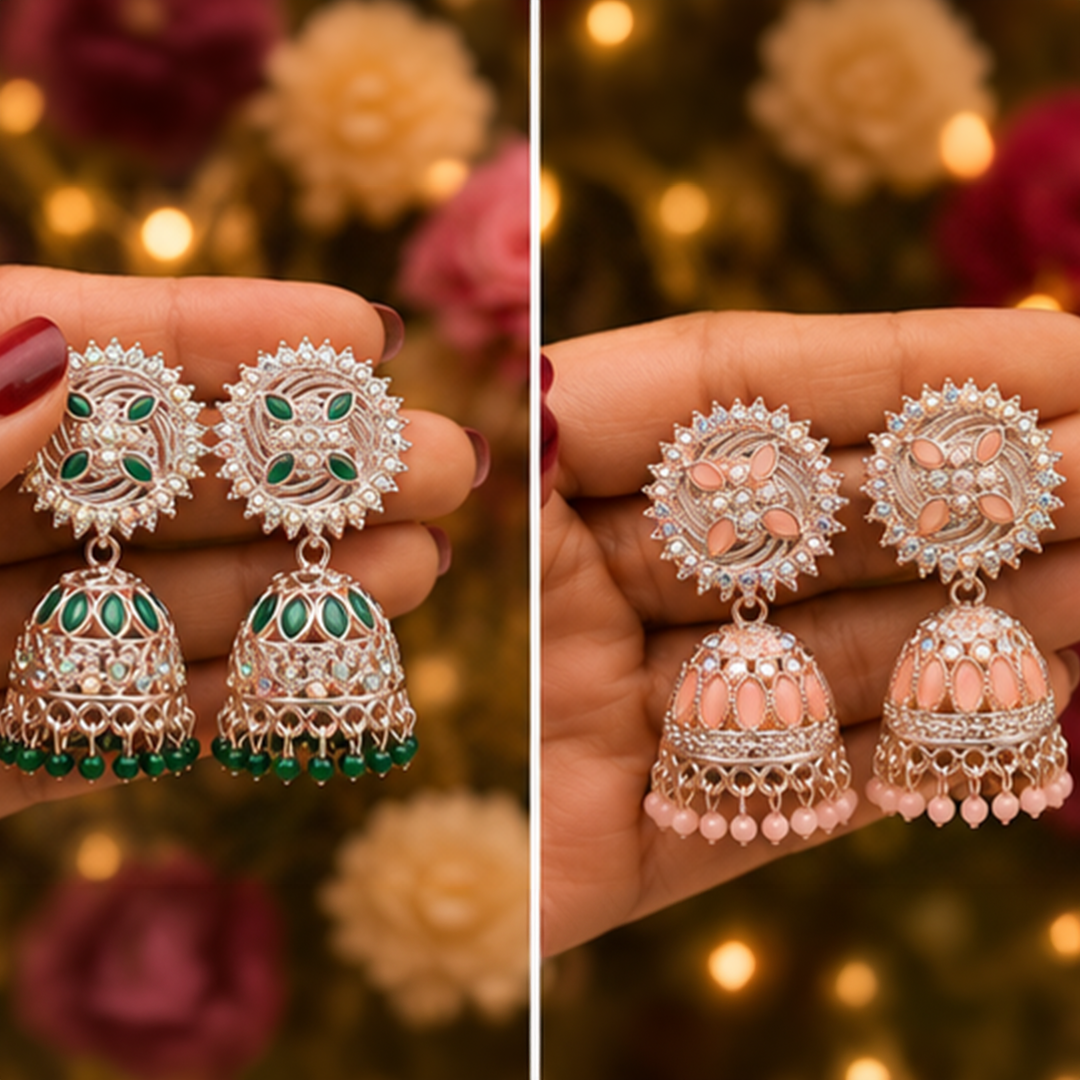 Combo of 2: Pastel Peach & Royal Green Stone Studded Designer Sunburst Jhumka Earrings