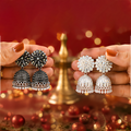 Combo of 2: Oxidized Black-Silver & Radiant Crystal Studded Traditional Jhumka Earrings
