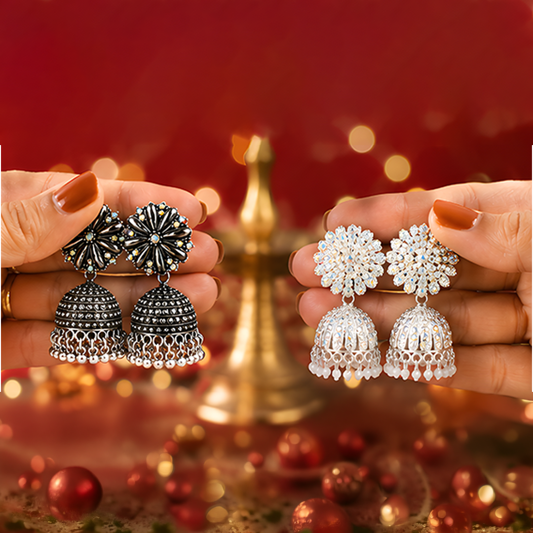 Combo of 2: Oxidized Black-Silver & Radiant Crystal Studded Traditional Jhumka Earrings