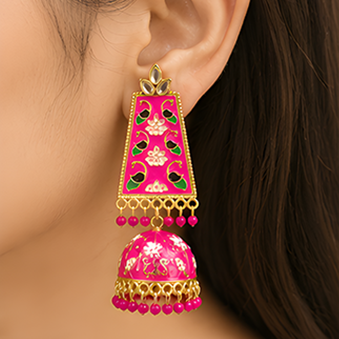 Vibrant Pink Meenakari & Floral Enamel Long Jhumka Earrings with Gold-Plated Finish