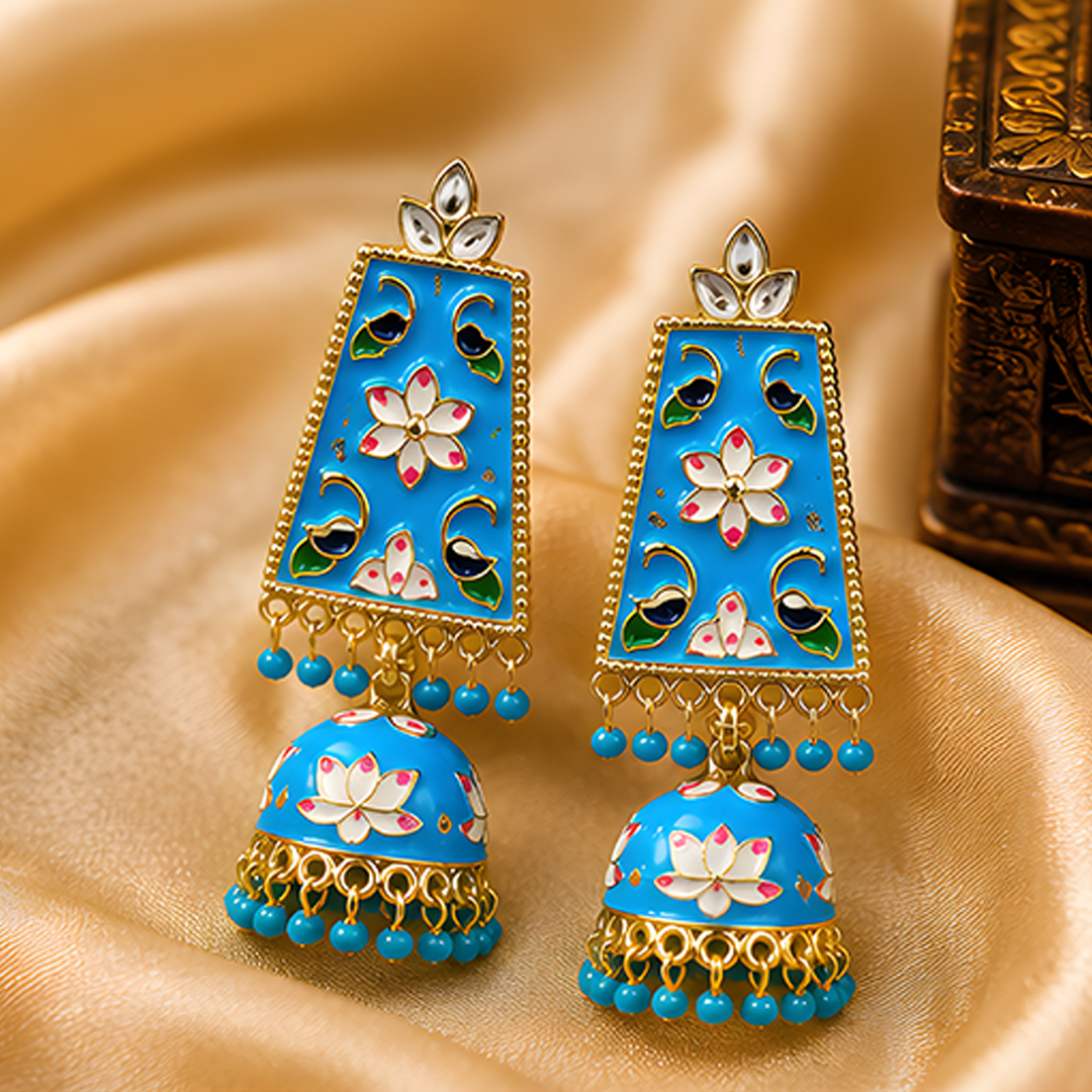 Vibrant Turquoise Blue Meenakari & Floral Enamel Long Jhumka Earrings with Gold-Plated Finish