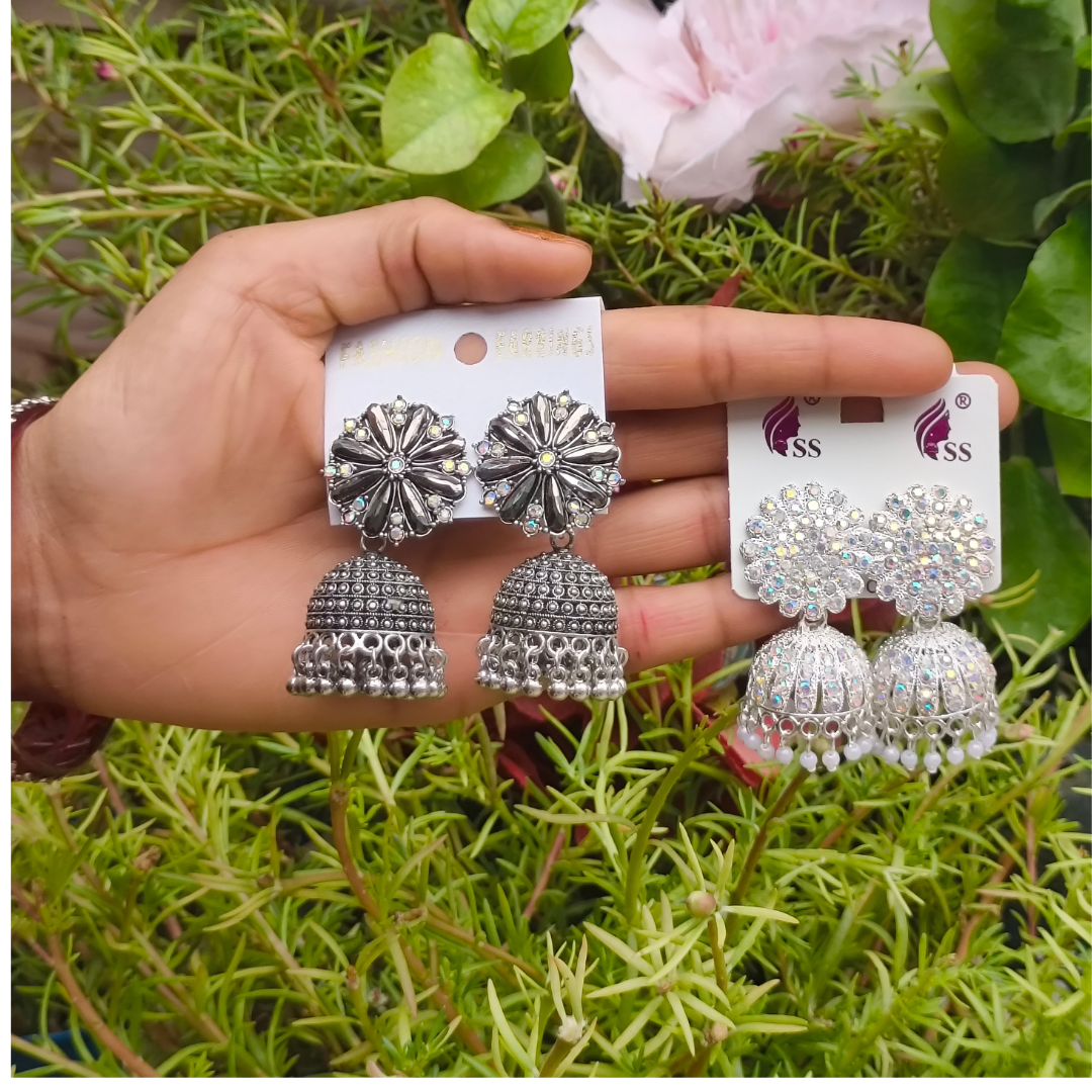 Combo of 2: Oxidized Black-Silver & Radiant Crystal Studded Traditional Jhumka Earrings