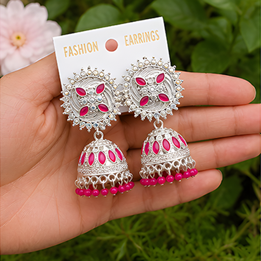 Oxidized Silver-Plated Pink Stone Studded Sunburst Jhumka Earrings with Bead Drops