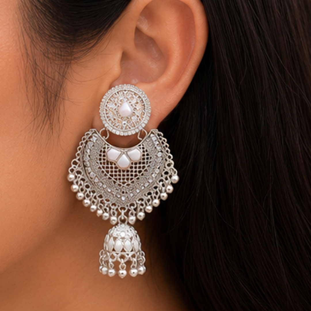 Combo of 2: Silver-Plated Filigree Chandbali Jhumka & Radiant Crystal-Studded Jhumka Earrings
