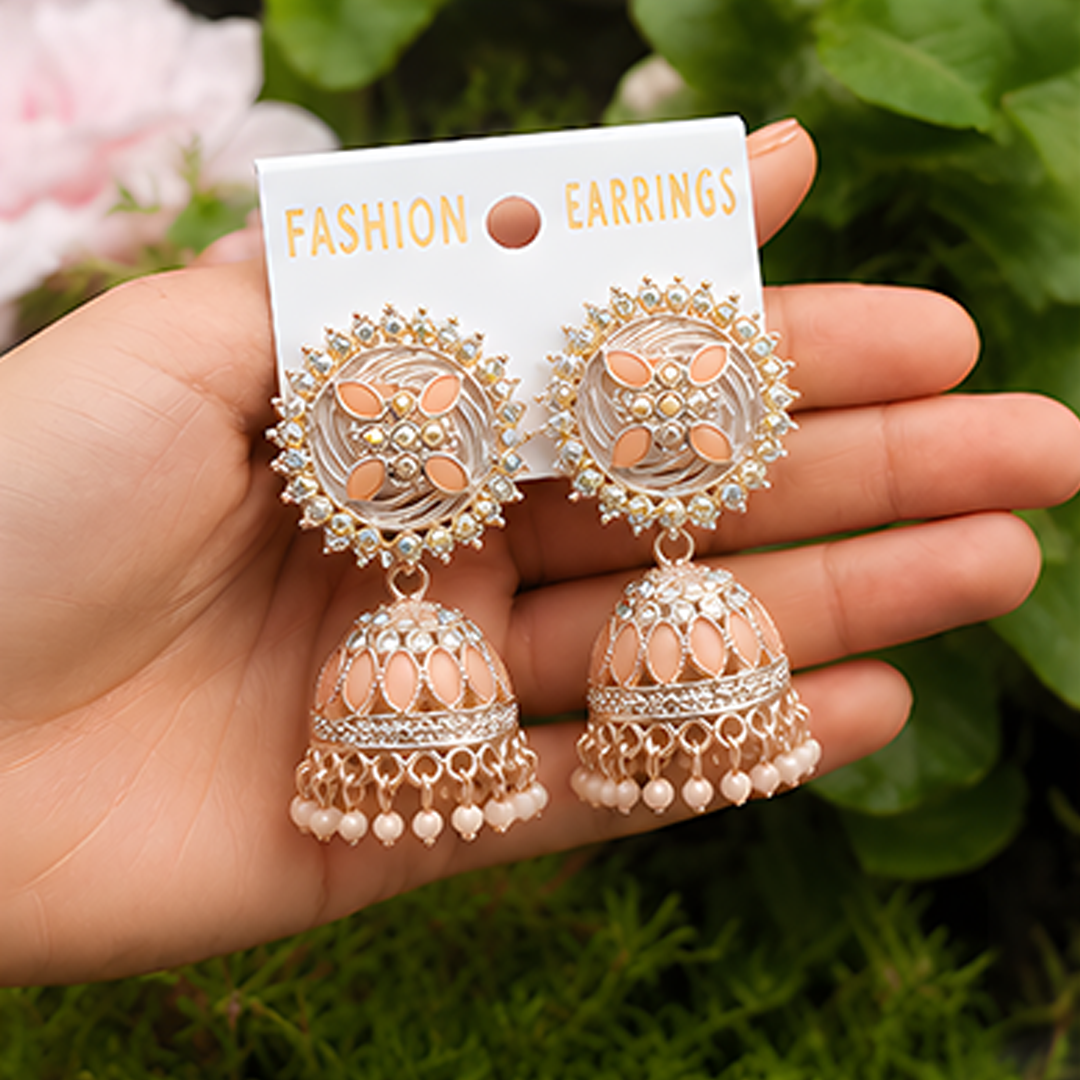 Elegant Pastel Peach Stone Studded Sunburst Jhumka Earrings with Matching Bead Drops