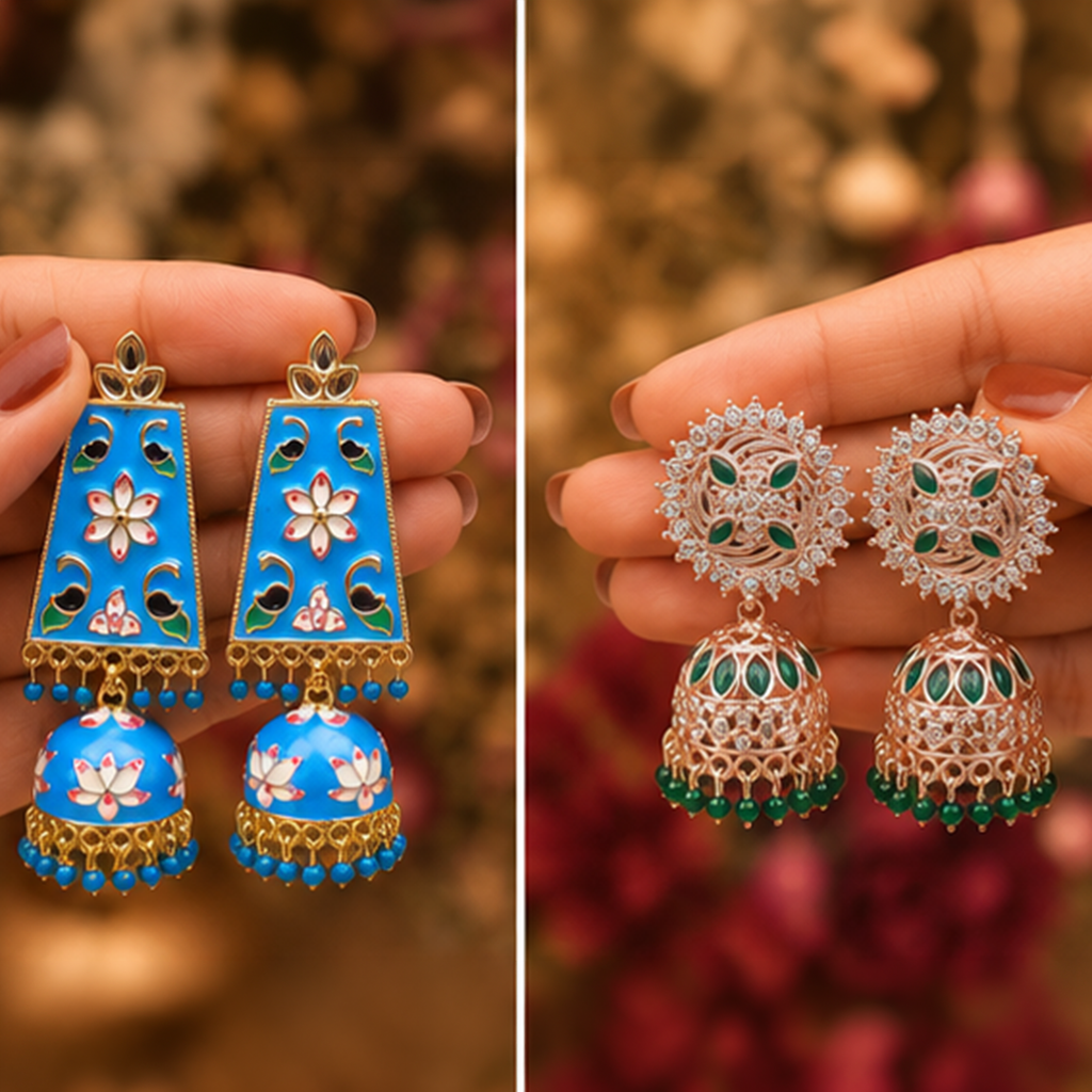 Combo of 2: Vibrant Turquoise Blue Meenakari & Royal Green Stone Studded Ethnic Jhumka Earrings