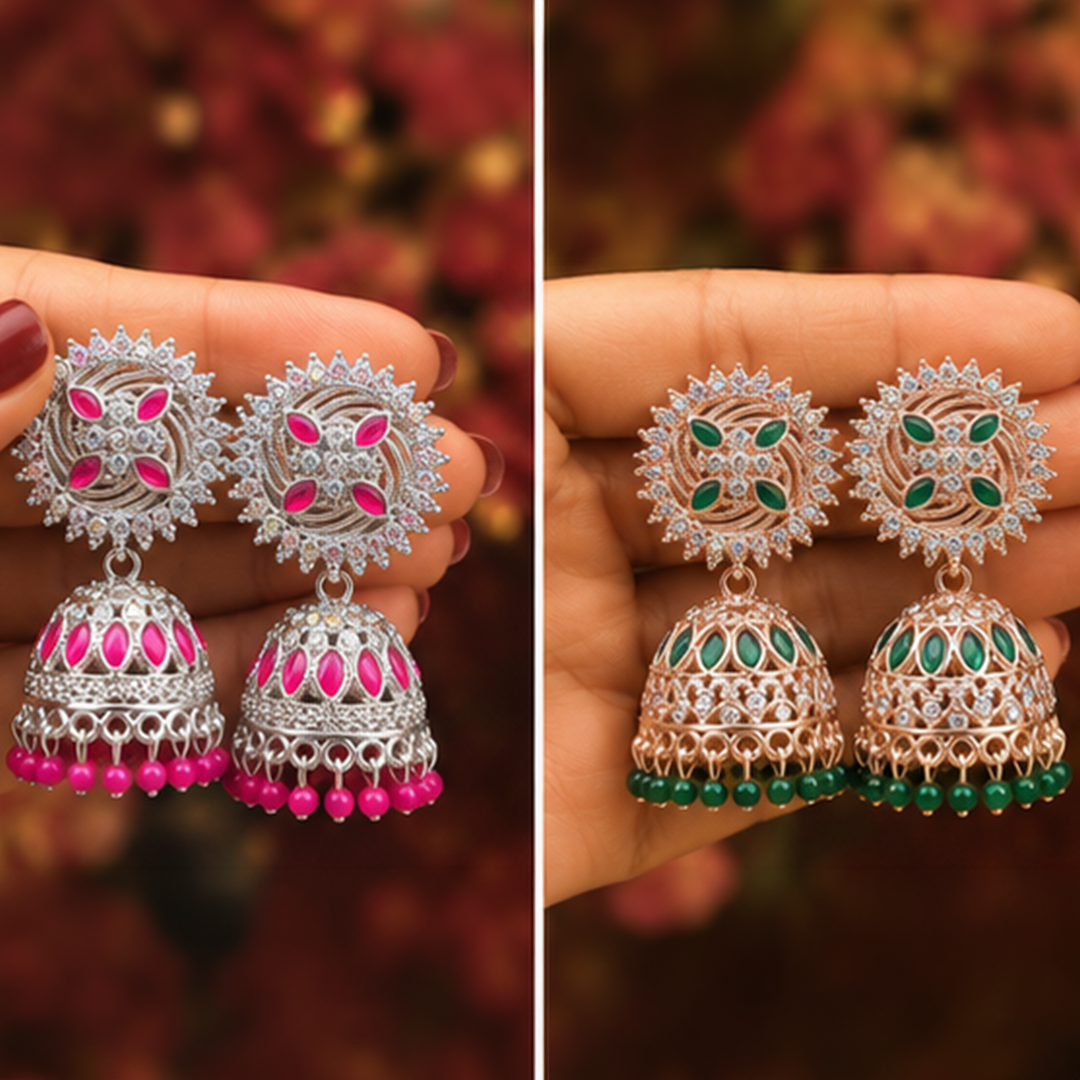 Combo of 2: Vibrant Pink & Royal Green Stone Studded Designer Sunburst Jhumka Earrings