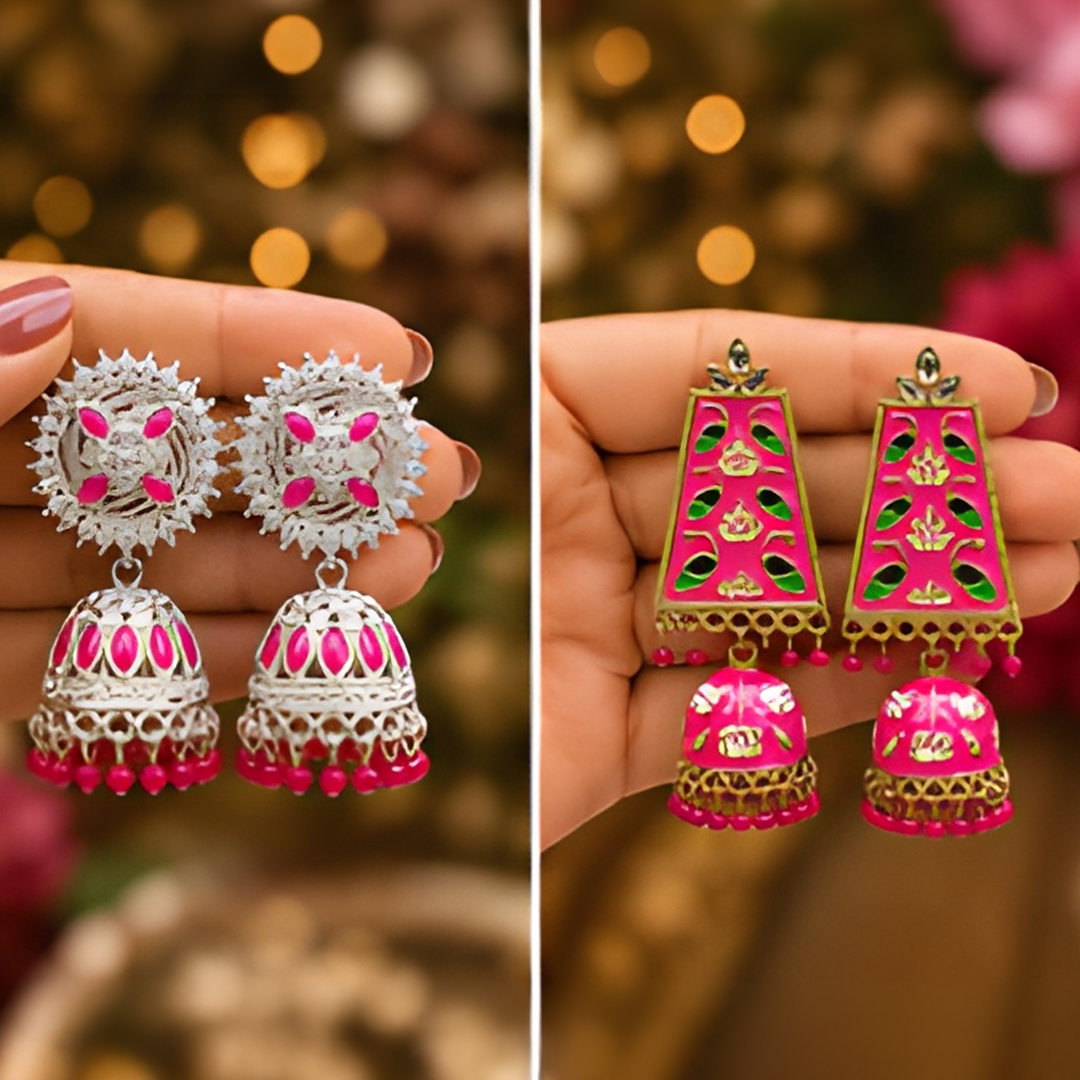 Combo of 2: Vibrant Pink Meenakari & Silver-Plated Pink Stone Studded Designer Jhumka Earrings