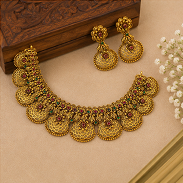 1 Set Combo: Matte Gold Floral Choker with Earrings