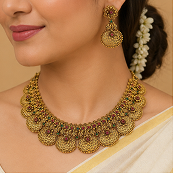 1 Set Combo: Matte Gold Floral Choker with Earrings