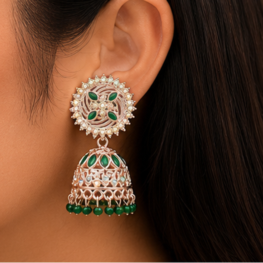 Combo of 2: Pastel Peach & Royal Green Stone Studded Designer Sunburst Jhumka Earrings