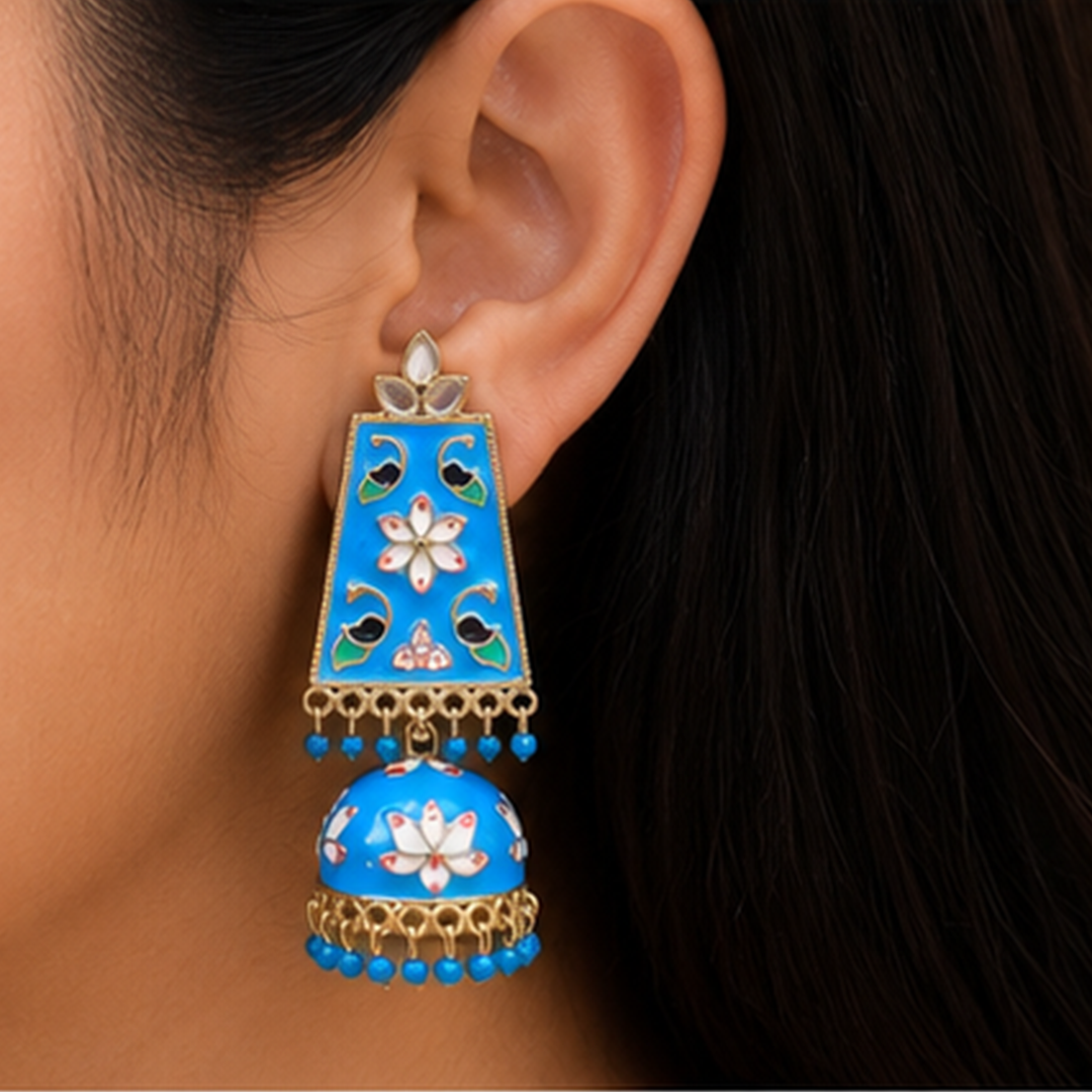 Combo of 2: Vibrant Turquoise Blue & Hot Pink Meenakari Enamel Long Jhumka Earrings