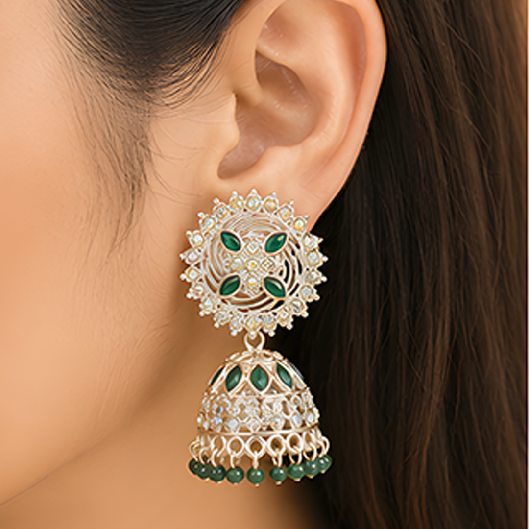 Royal Gold-Plated Green Stone Studded Sunburst Jhumka Earrings with Bead Drops
