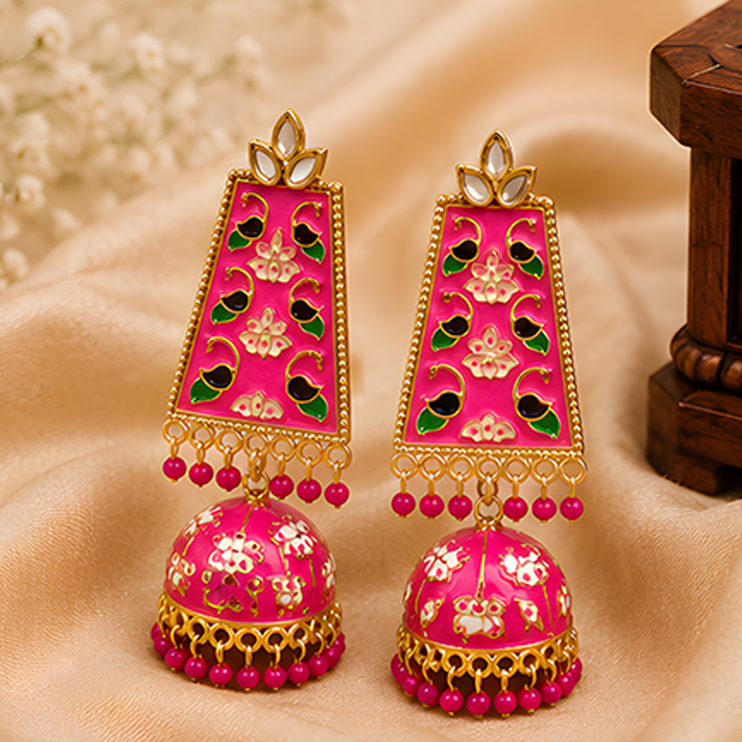 Vibrant Pink Meenakari & Floral Enamel Long Jhumka Earrings with Gold-Plated Finish