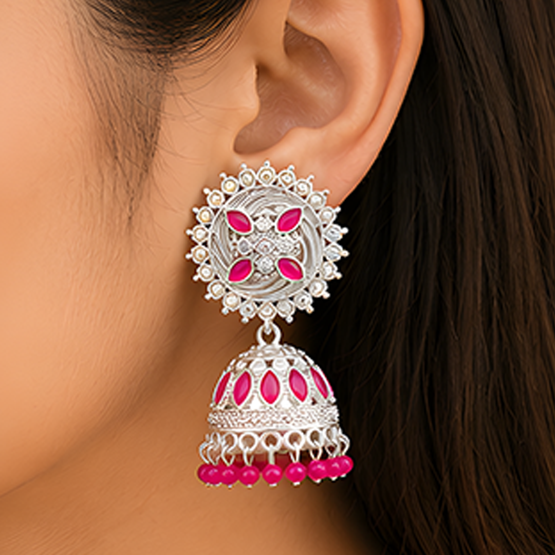 Oxidized Silver-Plated Pink Stone Studded Sunburst Jhumka Earrings with Bead Drops