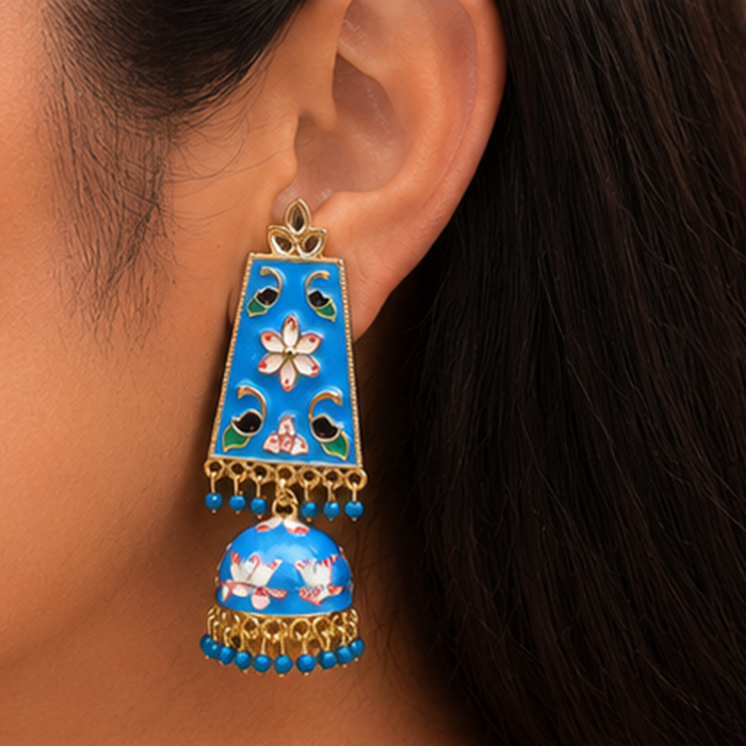 Combo of 2: Vibrant Turquoise Blue Meenakari & Royal Green Stone Studded Ethnic Jhumka Earrings