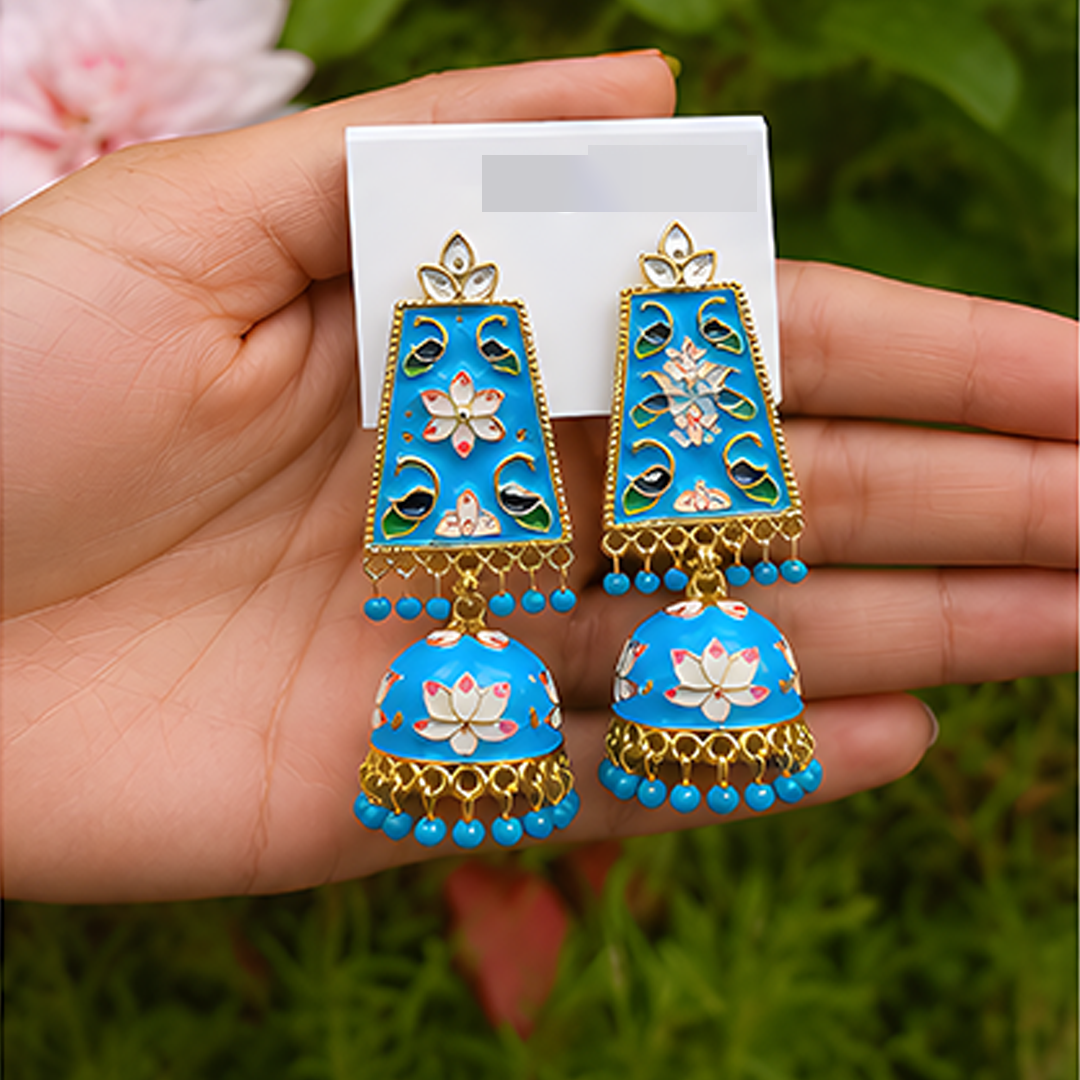 Vibrant Turquoise Blue Meenakari & Floral Enamel Long Jhumka Earrings with Gold-Plated Finish