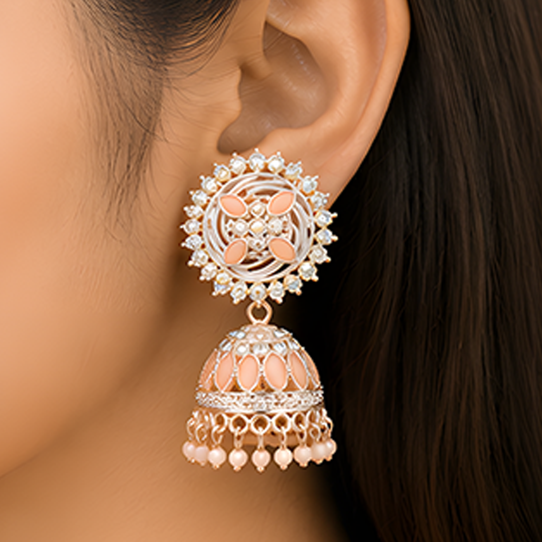 Elegant Pastel Peach Stone Studded Sunburst Jhumka Earrings with Matching Bead Drops