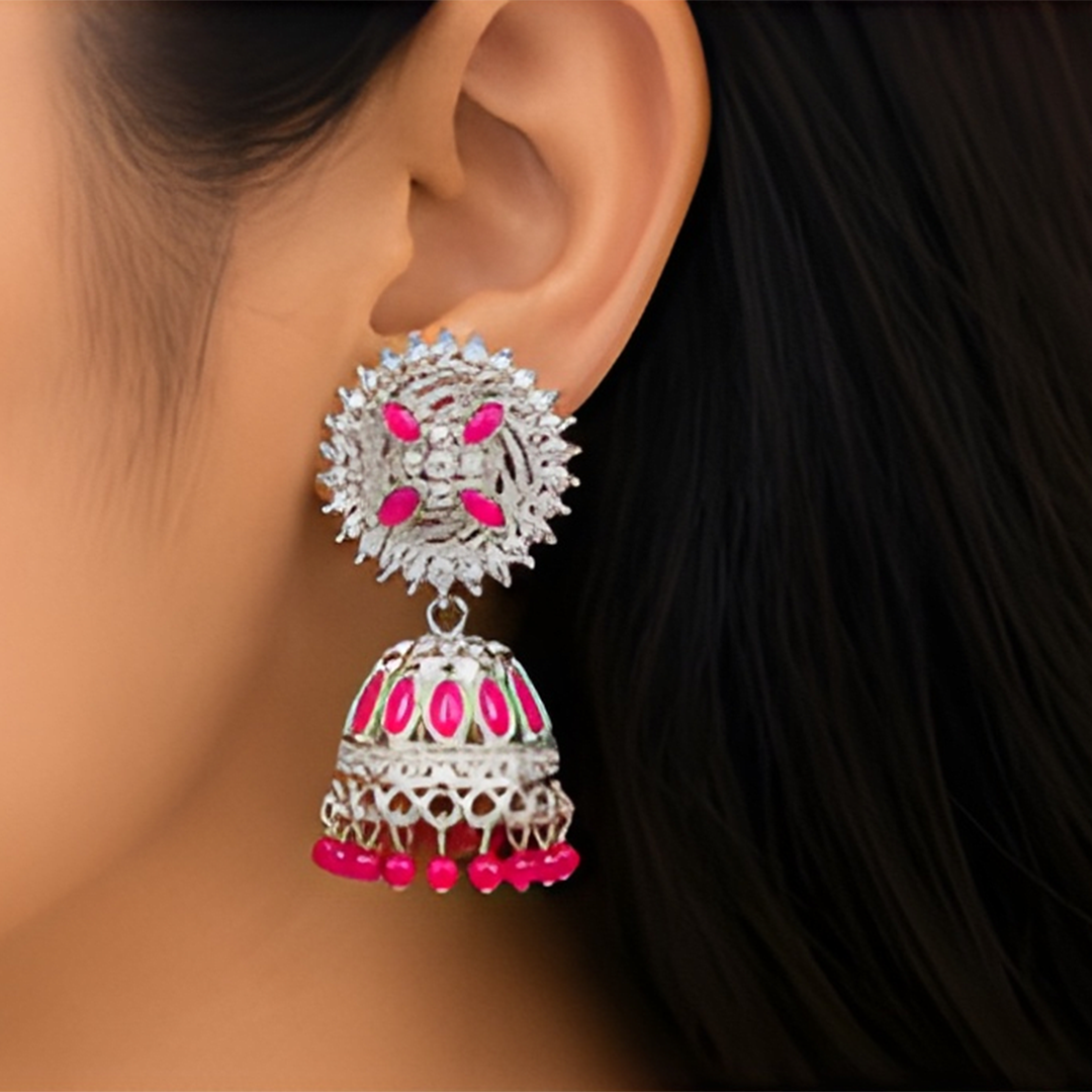 Combo of 2: Vibrant Pink Meenakari & Silver-Plated Pink Stone Studded Designer Jhumka Earrings