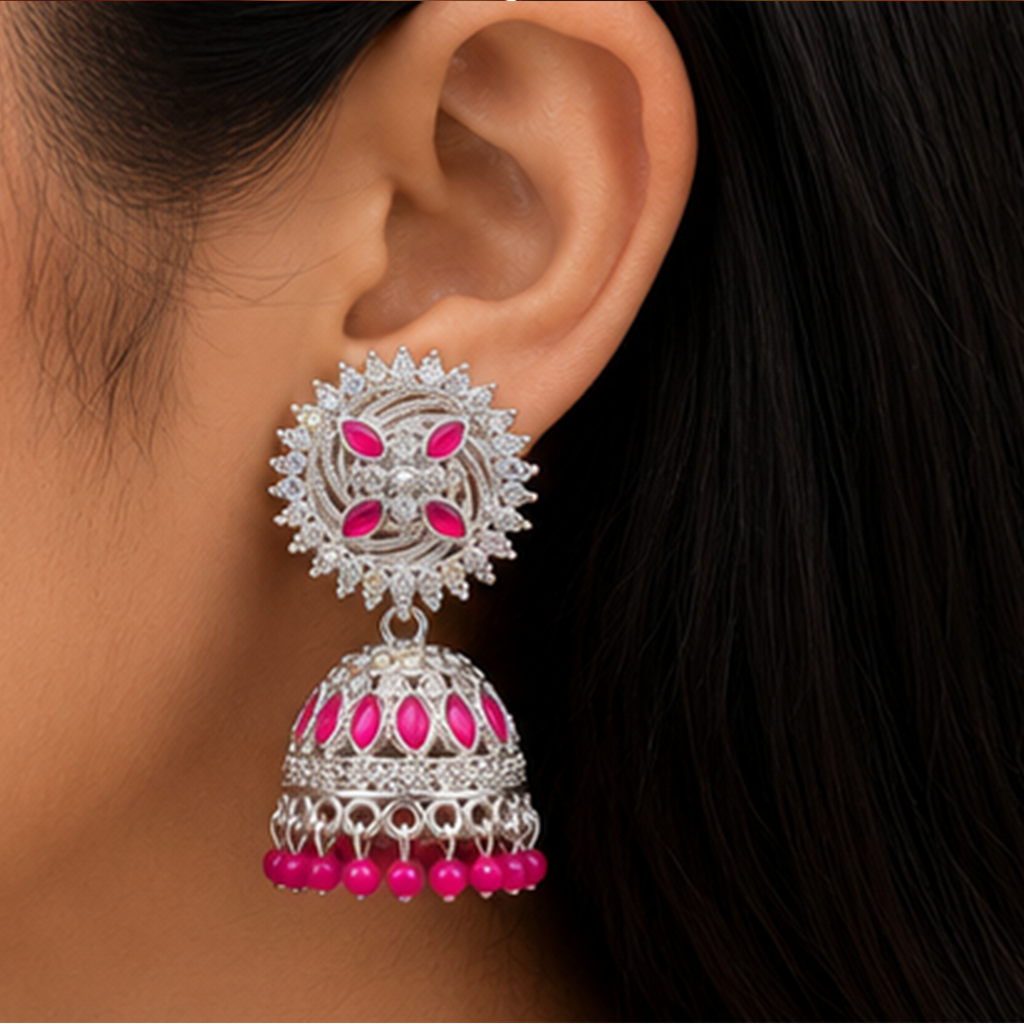 Combo of 2: Vibrant Pink & Royal Green Stone Studded Designer Sunburst Jhumka Earrings