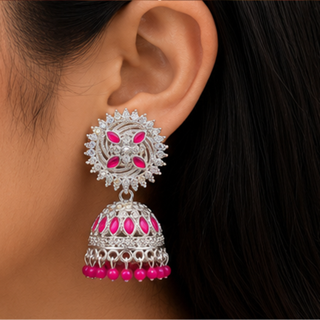 Combo of 2: Vibrant Pink & Royal Green Stone Studded Designer Sunburst Jhumka Earrings