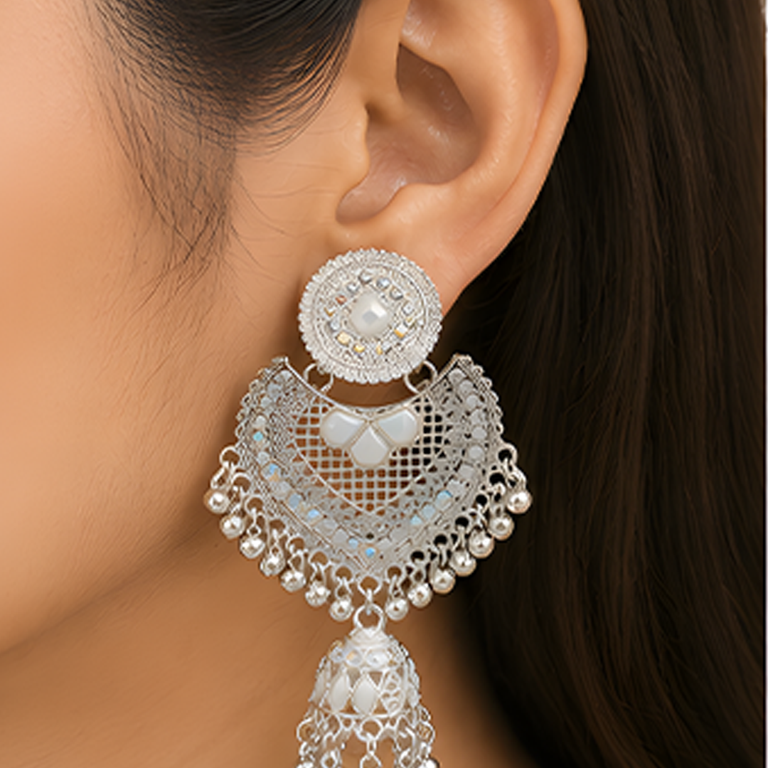 Royal Silver-Plated Meenakari & Stone Studded Chandbali Jhumka Earrings