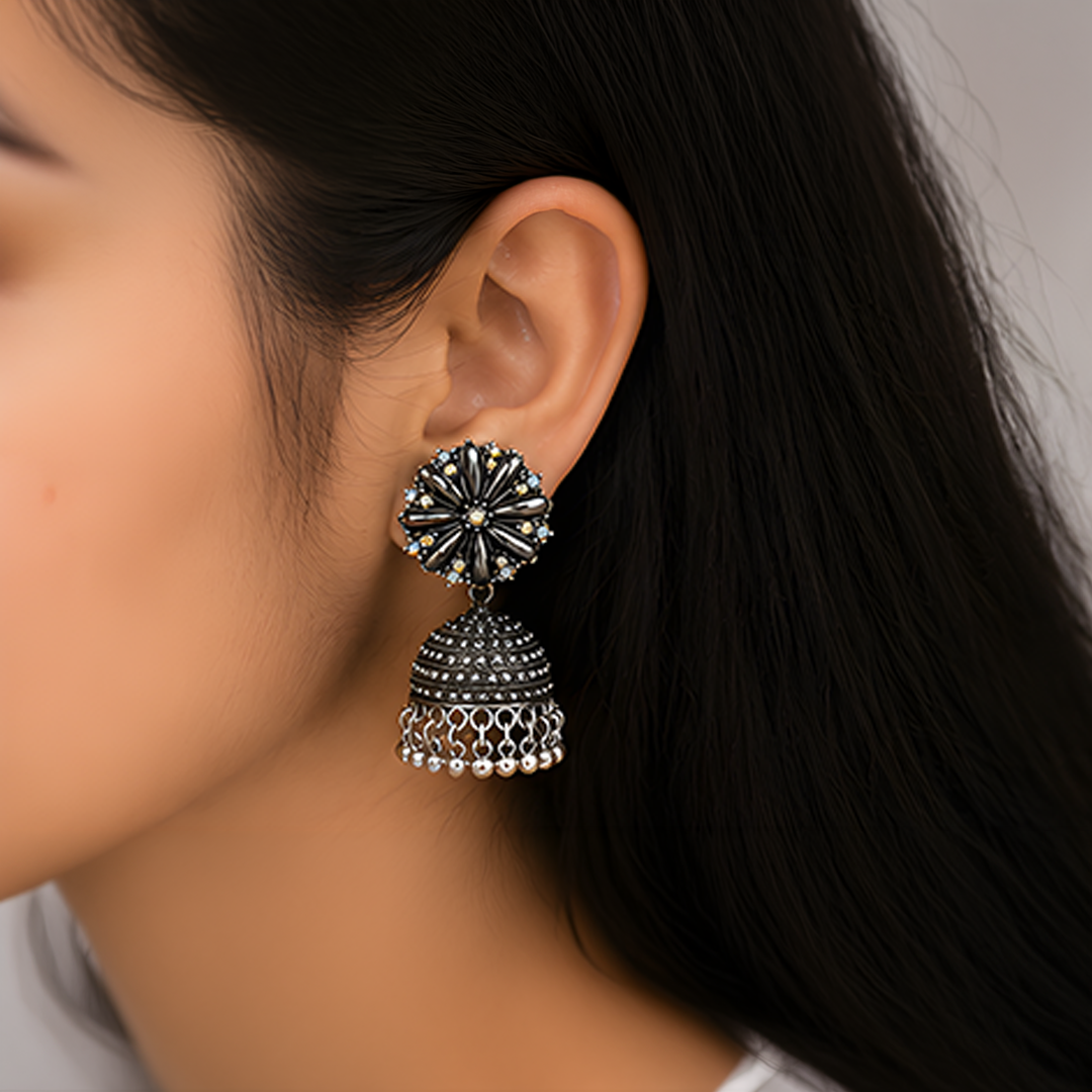 Combo of 2: Oxidized Black-Silver & Radiant Crystal Studded Traditional Jhumka Earrings